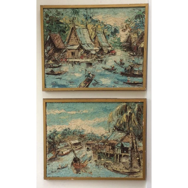 Pair of 1940's Southeast Asia paintings on burlap and in custom gold frames. Minor damage to the frames. These have great...