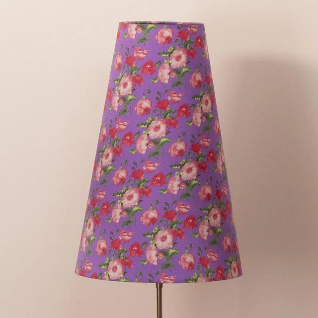 Mid-Century Modern Vintage Chrome Floor Lamp with Handmade Purple Floral Decorated Shade, Italy For Sale - Image 3 of 13