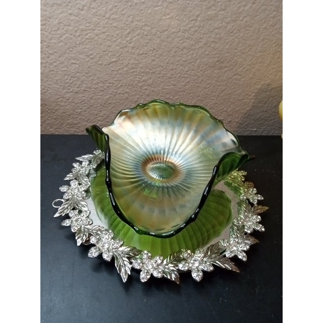 1960s Stunning Fenton Green Carnival Glass "Stippled Rays" Pattern Bowl For Sale In Dallas - Image 6 of 7