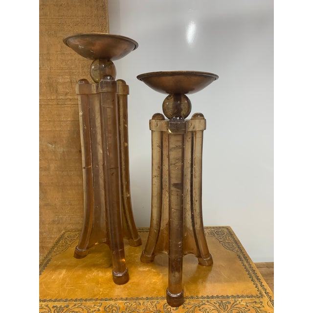 Pair of MCM Amber Acrylic Bamboo & Copper Candle Holders: Large: 5” Dia x 14” H Small: 4.75 “ Dia x 11.5” H