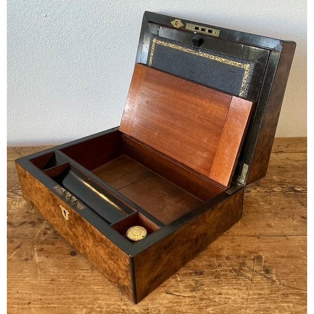 Wood Vintage Brass Inlay Burl Wood Traveling Writing Desk Box For Sale - Image 7 of 11