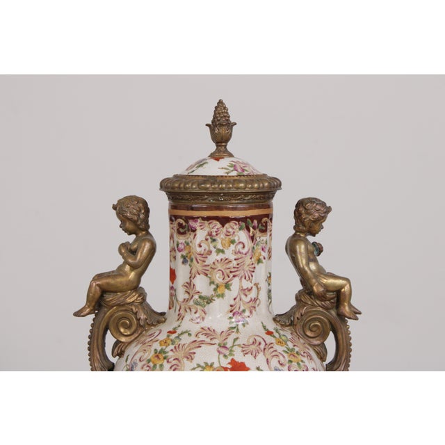 1990s Pair Castilian Porcelain & Bronze French Style Lidded Urns For Sale - Image 5 of 18