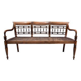 British Colonial Style Elm & Double Cane Bench For Sale