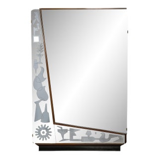 Mid-Century Reversed Etched & Smoked Wall Mirror With Sculptural Walnut Lining For Sale