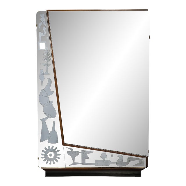 Mid-Century Reversed Etched & Smoked Wall Mirror With Sculptural Walnut Lining For Sale