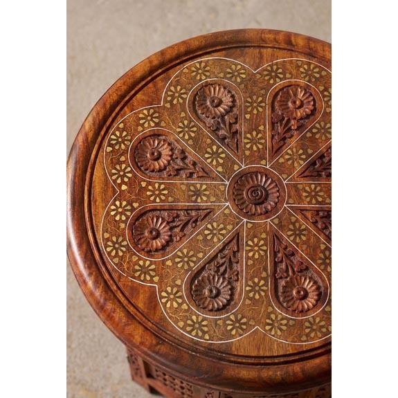 English Petite Vintage Anglo Indian Octagonal Table With Floral Carvings + Brass Inlay For Sale - Image 3 of 5