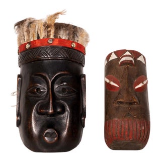 Pair of Vintage African Tribal Hand Carved & Painted Wooden Mask With Feathers For Sale
