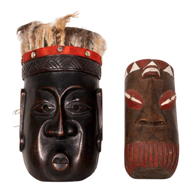 Pair of Vintage African Tribal Hand Carved & Painted Wooden Mask With Feathers For Sale