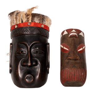Pair of Vintage African Tribal Hand Carved & Painted Wooden Mask With Feathers