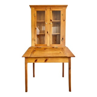 Slim Profile 1970s Shaker Style Pine Desk and Hutch + Glass Doors, 2 Pieces For Sale