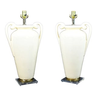 Pair of Ceramic Trophy on Lucite Table Lamps For Sale