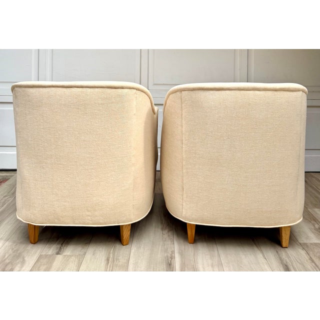 Pair of Vintage Curved Barrel Chairs in Pale Apricot Linen Blend For Sale - Image 12 of 16