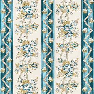 SAMPLE - Schumacher Sylvain Floral Stripe Wallpaper In Teal For Sale