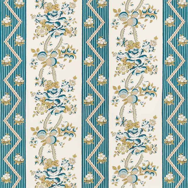 SAMPLE - Schumacher Sylvain Floral Stripe Wallpaper In Teal For Sale