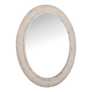 1990's Post Modern Mactan Tessellated Stone Travertine Oval Wall Mirror For Sale