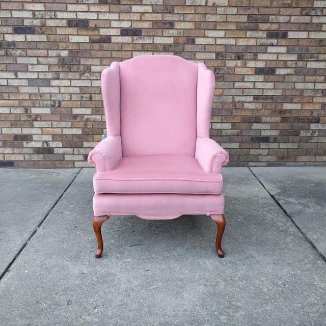 Vintage Queen Anne Pink Velvet Wingback Chairs by Sam Moore Furniture