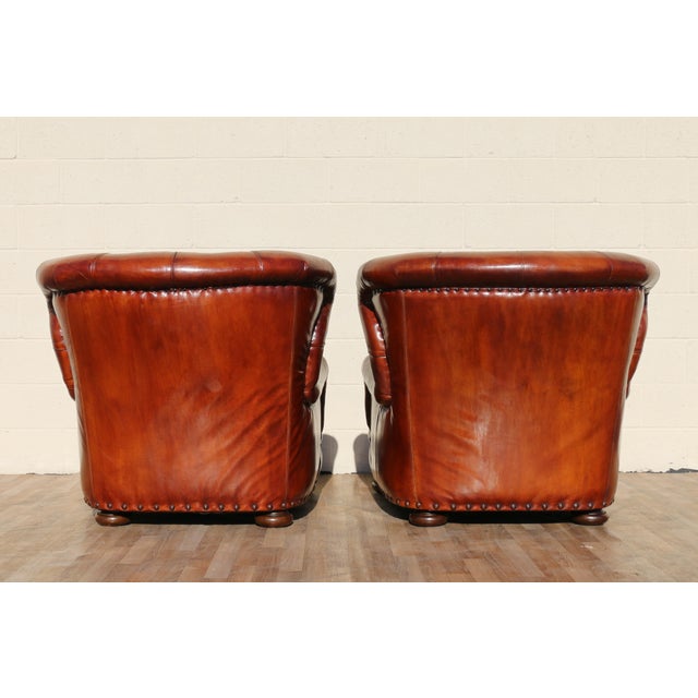 Pair of 1990s Henredon Churchill Tufted Distressed Brown Leather Club Chairs For Sale - Image 15 of 18