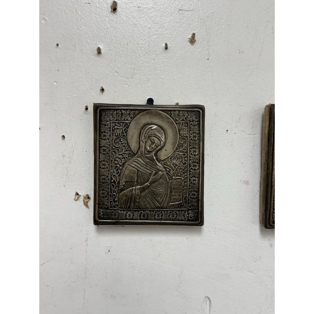 Orthodox Deesis Silver Embossed Panels of the Virgin Mary + Jesus Christ, Set of Two For Sale - Image 4 of 12