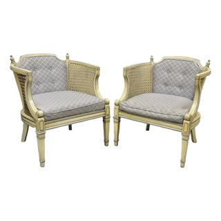 Vintage Hollywood Regency Cream Painted Cane Side Club Lounge Chairs - A Pair For Sale