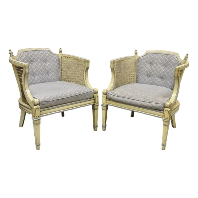 Vintage Hollywood Regency Cream Painted Cane Side Club Lounge Chairs - A Pair For Sale