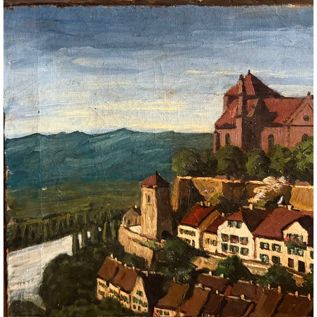 Antique Oil on Canvas - Baden Wurtennberg Germany - Cityscape of Alt - Breisach - St. Stephen Munster Cathedral - Rhine River For Sale - Image 4 of 9
