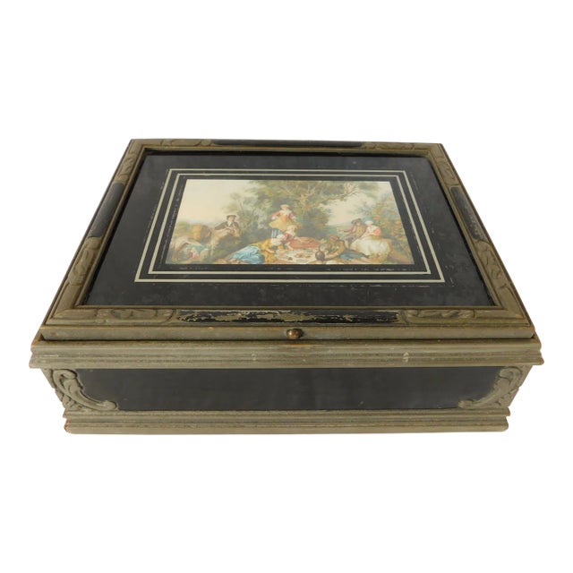 Antique Early 1900s Victorian Family Picnic Portrait Mirrored Jewelry Dresser Trinket Box For Sale