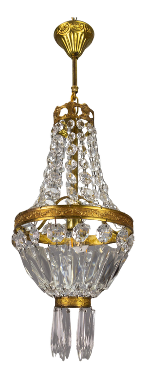 French Empire Style Brass and Crystal Glass Basket Chandelier, 1950s