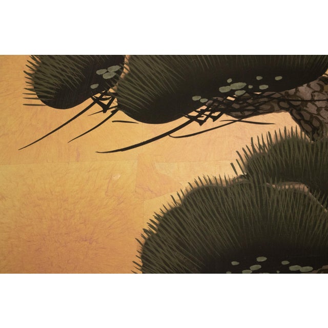 Goldenrod "Big Pine Tree and Egrets", Showa Era Japanese Byobu Screen For Sale - Image 8 of 18