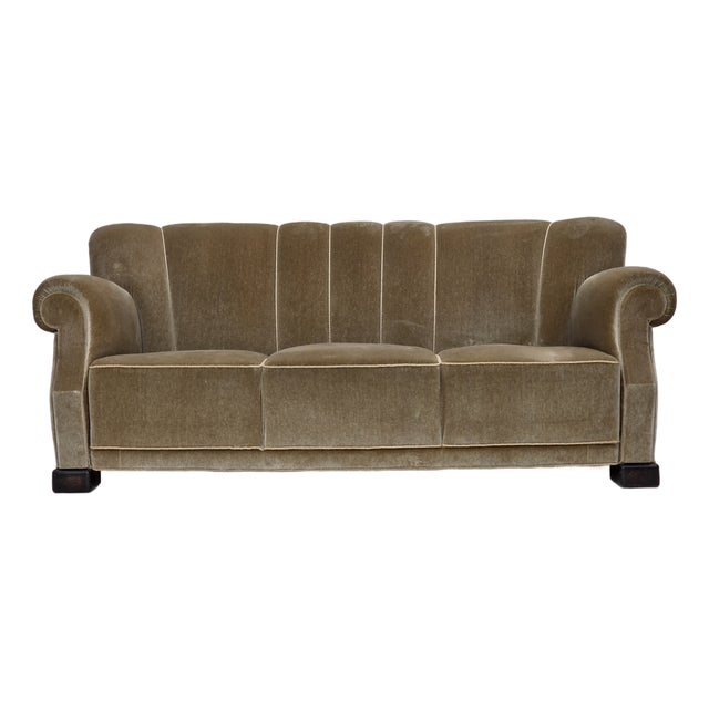 Danish 3-Seater Sofa in Green Velour with Oak Legs, 1960s For Sale