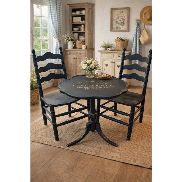 DIMENSIONS: Table Dimensions: 24.75 w x 27.5 h Chairs: 40.75”h x 18.5w x 20.5”d; Seat Depth 16.5d” Bring classic French...
