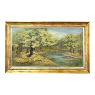 Vintage Oil Painting Landscape Father Son Fishing River Impressionist on Canvas For Sale