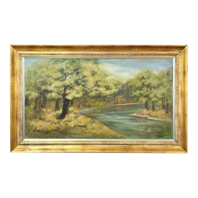 Vintage Oil Painting Landscape Father Son Fishing River Impressionist on Canvas For Sale