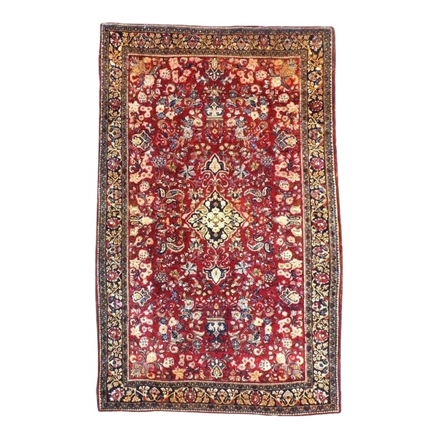 Antique Persian Sarouk Wool 4X7 Red, Navy, Black & Orange Handmade Area Rug #9900220 For Sale