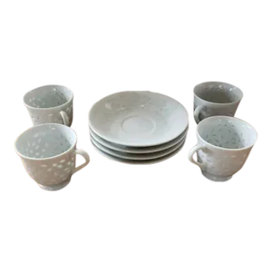 Circa 1970 Chinese Rice Grain Porcelain Teacups and Saucers Set- 8 Pieces