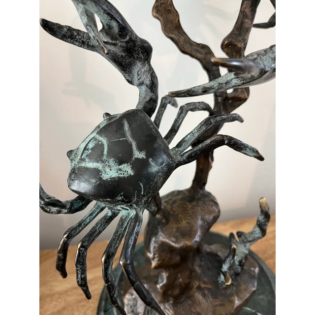 Fighting Bluepoint Crab Brass Sculpture on Green Marble Base For Sale - Image 4 of 11