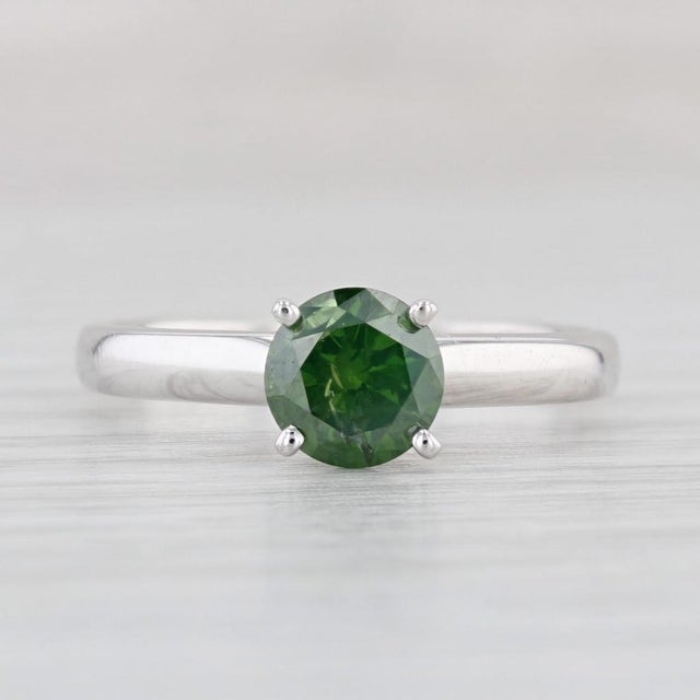 0.95ct Green Diamond Ring 14k White Gold Size 7 Round Solitaire For Sale - Image 4 of 8