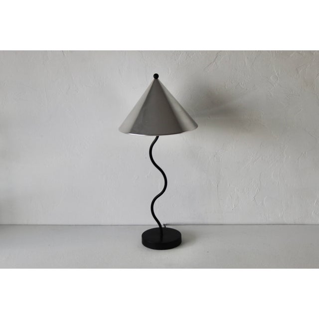 1980s Memphis School Style Squiggle Lamp Black Table Lamp Silver Cone Shade Vintage Post Modern For Sale - Image 14 of 16