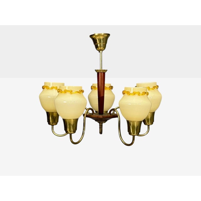 1950s Swedish Modern, Chandelier, Brass, Wood, Yellow Glass For Sale In New York - Image 6 of 11