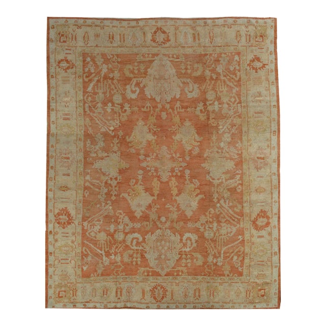 Antique Oushak Carpet, Handmade Oriental Rug, Coral Field, Gold, Ivory Border For Sale