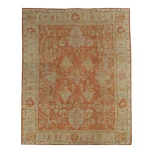 Antique Oushak Carpet, Handmade Oriental Rug, Coral Field, Gold, Ivory Border