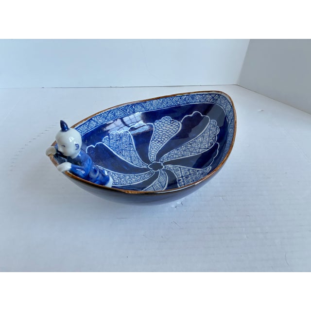Vintage Antique Japanese Blue White Porcelain Little Man bowl • Oval-shaped hand-painted ceramic boat-shaped porcelain...