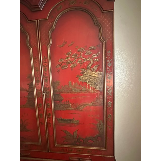 Vintage Red Chinoiserie Secretary Desk With Hand-Painted Gilt Asian Landscapes & Double Bonnet Top For Sale - Image 12 of 15