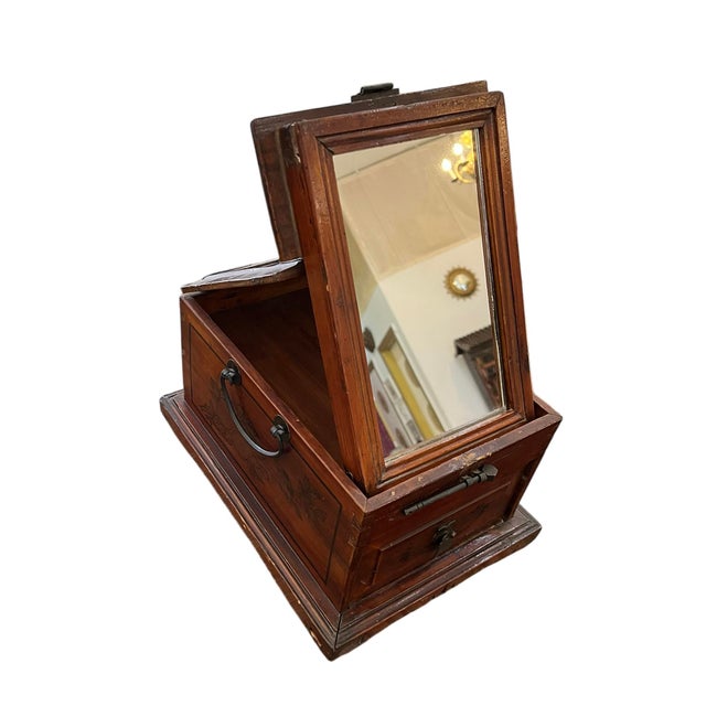 Lovely antique Asian rosewood travel dressing box with mirror featuring lovely hand-painted flora and fauna imagery along...