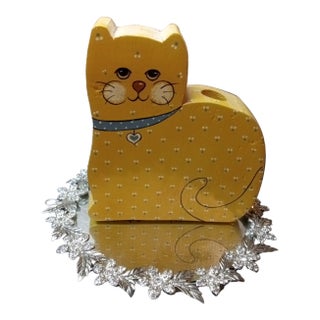 1970s Gorgeous Signed Susan Larson Wooden Cat Candle Holder For Sale