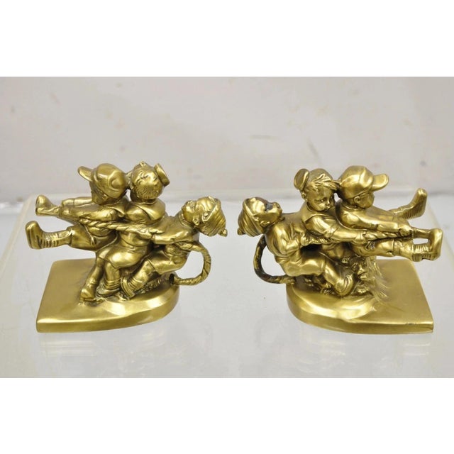 Vintage Pm Craftsman "Tug of War" Brass Children Playing Figural Bookends - Pair For Sale - Image 11 of 12