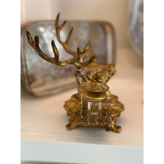 19th Century French Dore Gold Gilt Metal Stag Head Double Inkwell For Sale In Atlanta - Image 6 of 11