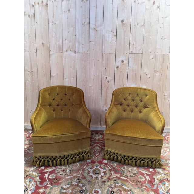 Wood Napoleon III Toadstool Armchairs in Mustard Yellow Velvet, Set of 2 For Sale - Image 7 of 7