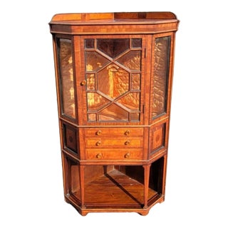 1890s English Art Nouveau Mahogany Inlaid Corner Vitrine Display Cabinet For Sale