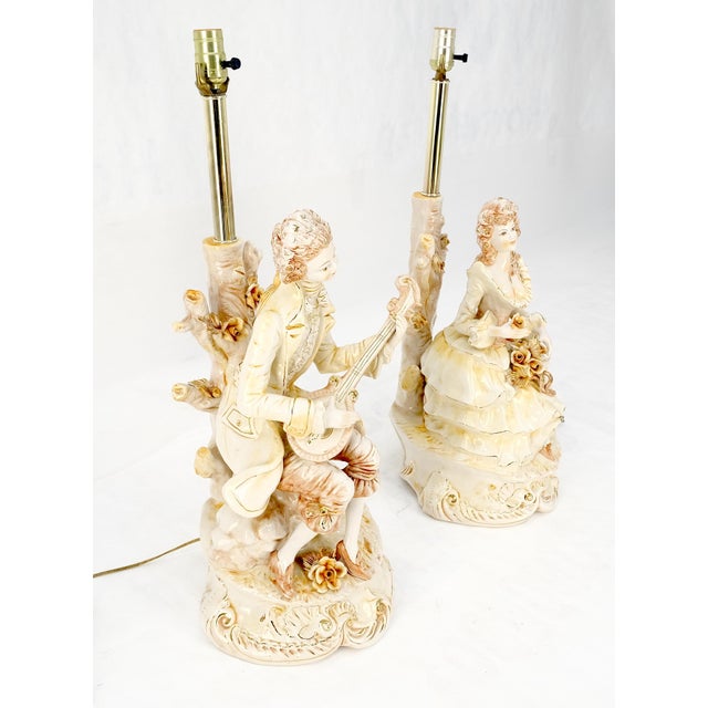 28"h Porcelain Ceramic Figural Table Lamps Man Woman Playing Guitar For Sale - Image 11 of 13