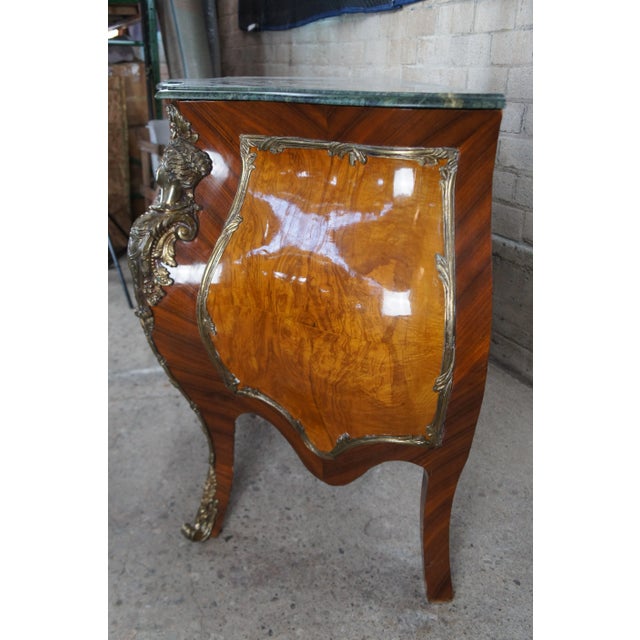 Wood Louis XV Style Figural Walnut Parquetry Marble Top Bombe Commode Chest Ormolu For Sale - Image 7 of 12